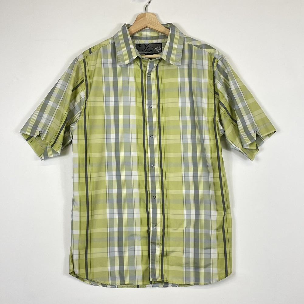 Prana Mens Large Shirt Green‎ Grey Plaid Gorpcore Casual Travel Relaxed Outdoors